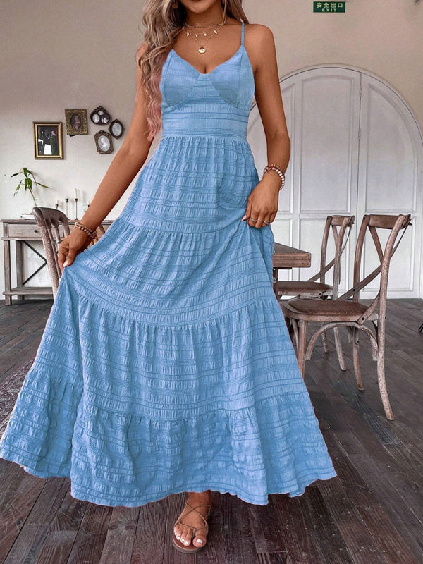 Solid color suspender long swing dress