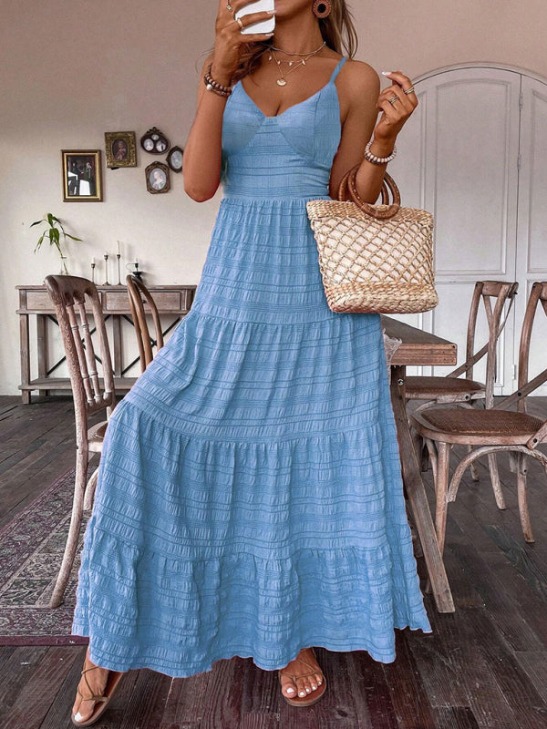 Solid color suspender long swing dress