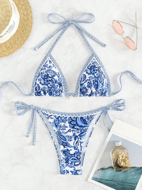 Blue floral print sexy strappy bikini set