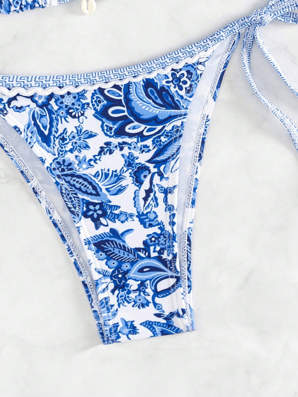 Blue floral print sexy strappy bikini set