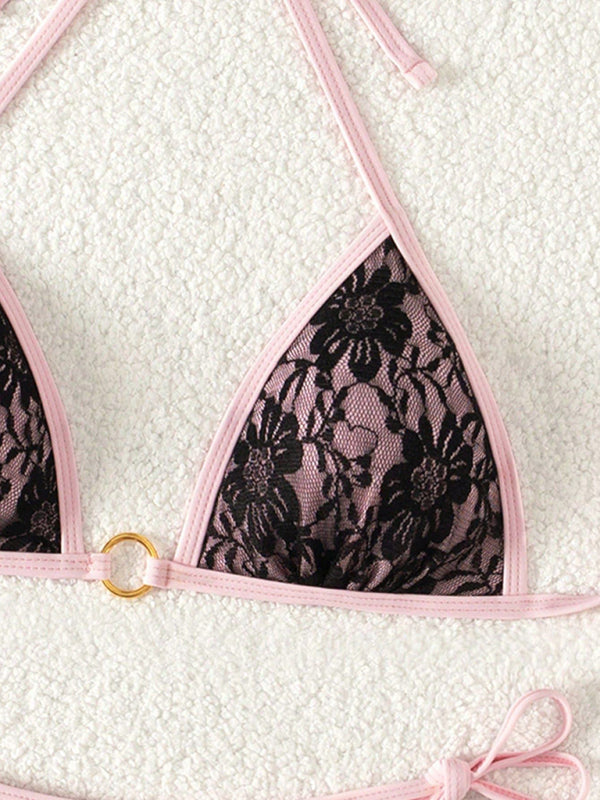 Black lace and pink backless bikini