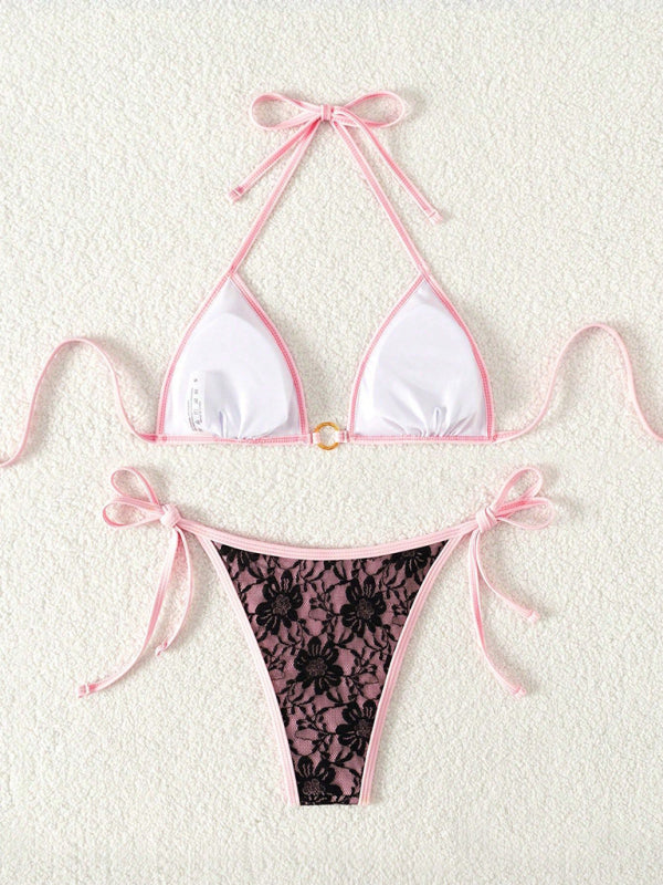 Black lace and pink backless bikini