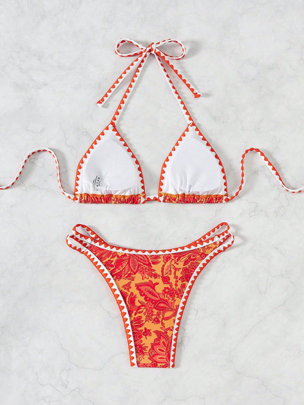 Orange Printed Halter Neck Sexy Bikini