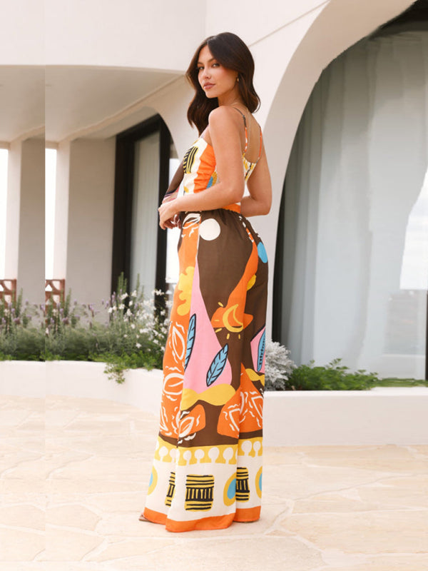 Fashion digital printed chest strap jumpsuit