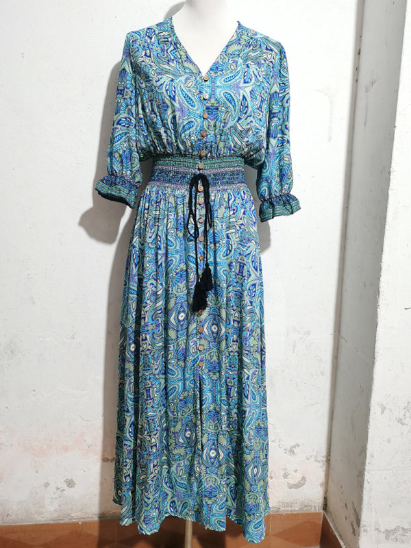 Three-quarter sleeve waisted Bohemian casual holiday beach dress