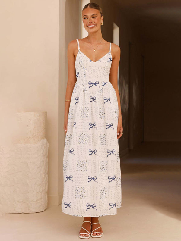 New V-neck waist holiday backless bow print dress