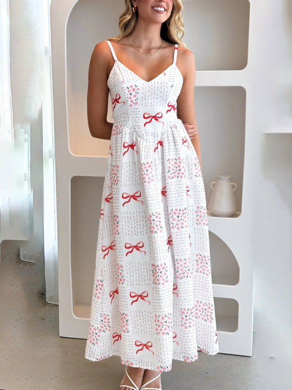 New V-neck waist holiday backless bow print dress