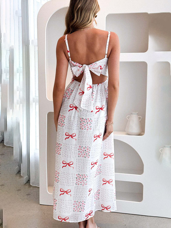 New V-neck waist holiday backless bow print dress