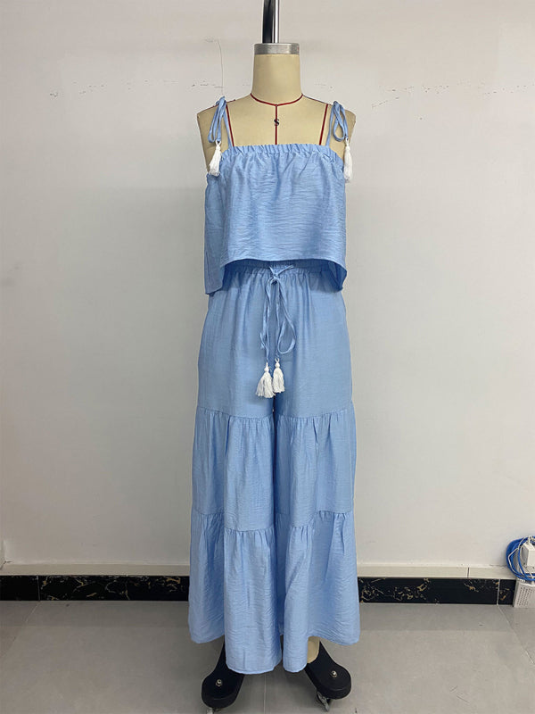 Suspender top wide-leg trousers solid color suit two-piece set