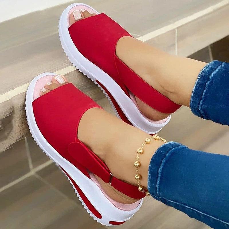 Casual Women Beach Sandals Peep Toe Wedge Shoes Woman Buckle Flats Platform Flock Female Ladies Shoes