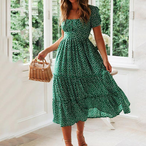 Vintage Print Puff Sleeve summer Beach sweet dresses Casual Square collar floral long dress