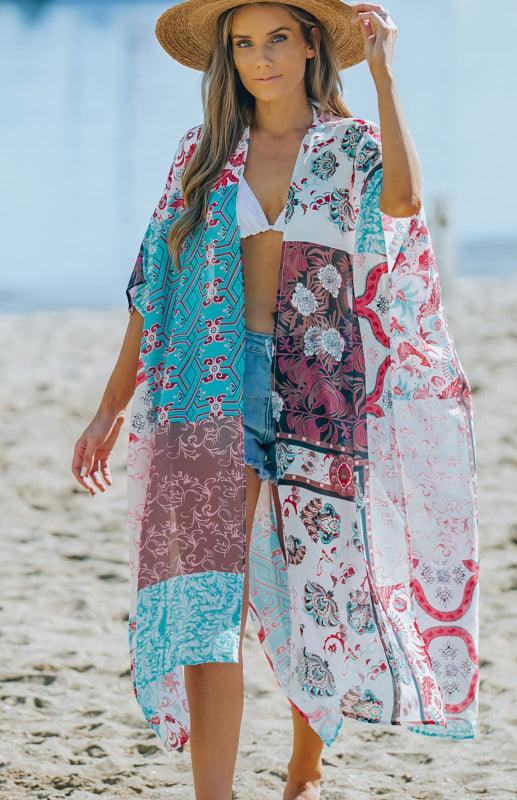 Women's Bohemian Floral Print Open Front Kimono