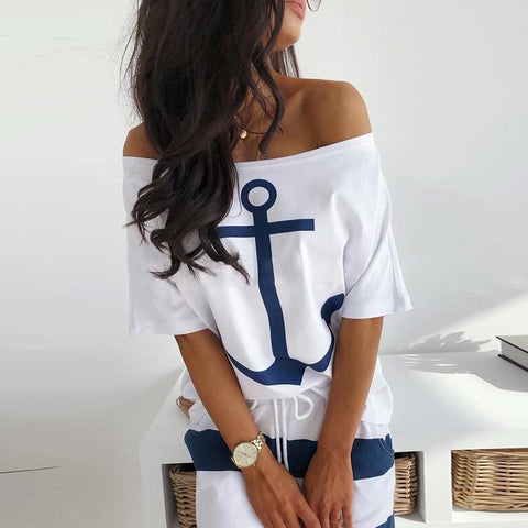 Casual Anchor Print Short Sleeve T-shirt  Skirt Set