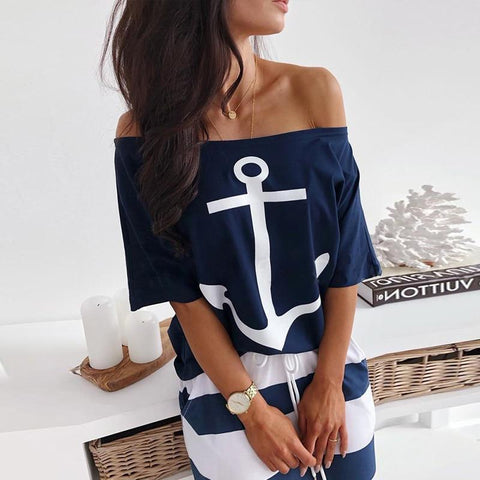 Casual Anchor Print Short Sleeve T-shirt  Skirt Set