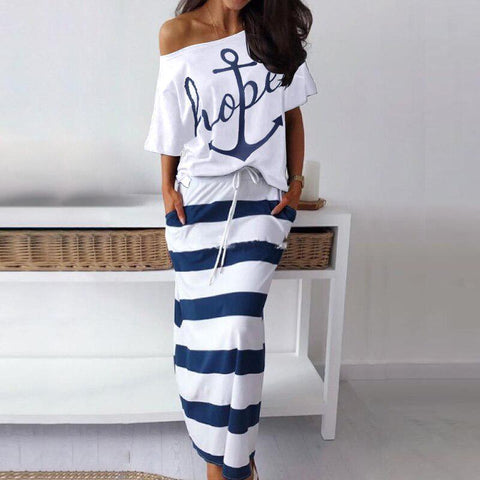 Casual Anchor Print Short Sleeve T-shirt  Skirt Set