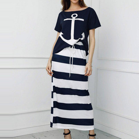 Casual Anchor Print Short Sleeve T-shirt  Skirt Set