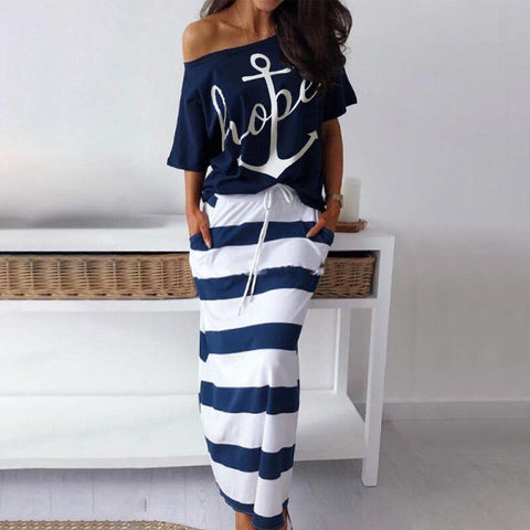 Casual Anchor Print Short Sleeve T-shirt  Skirt Set