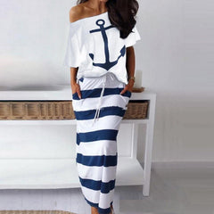 Casual Anchor Print Short Sleeve T-shirt  Skirt Set
