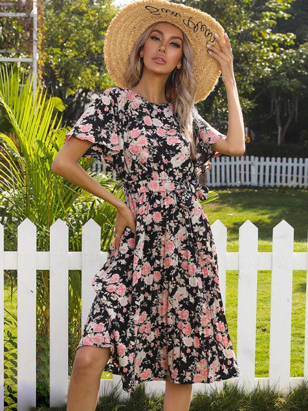 Floral Ruffle Sleeve Crew Neck Tie Pleated Dress