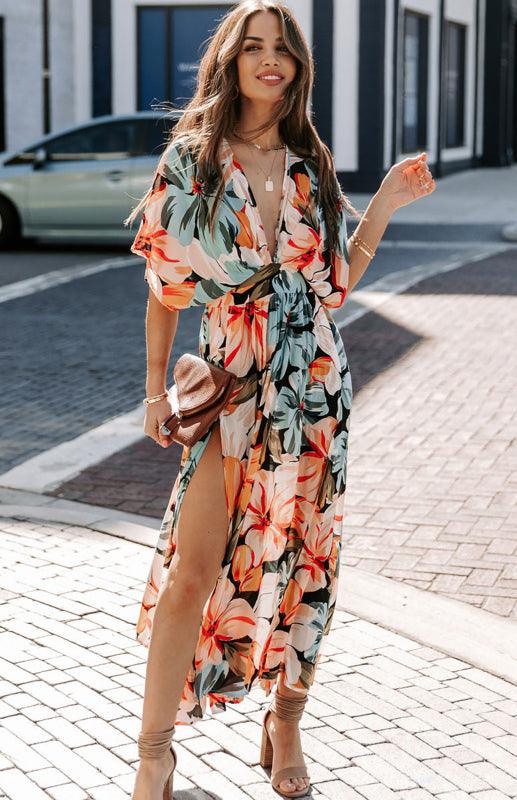 Dame Orange Split Floral Kimono Lang Kjole