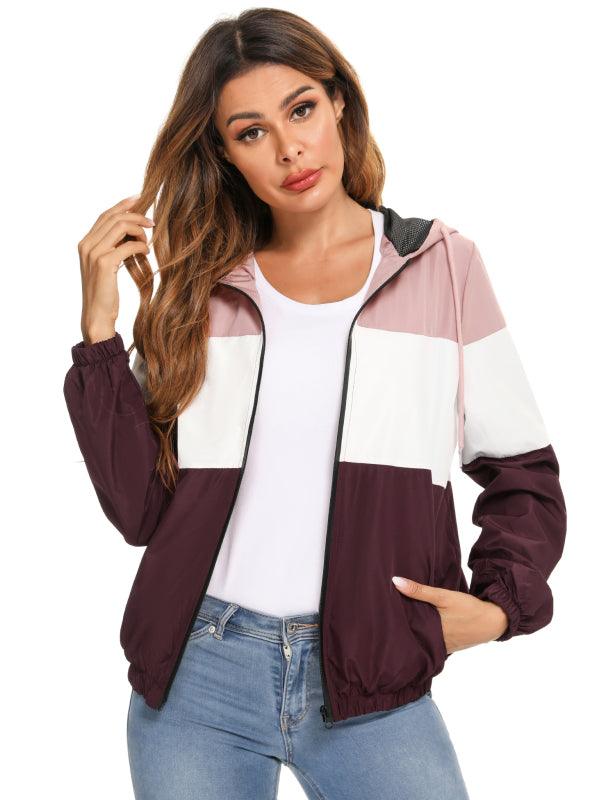 Ladies Casual Fashion Colorblock Raincoat Hooded Jacket