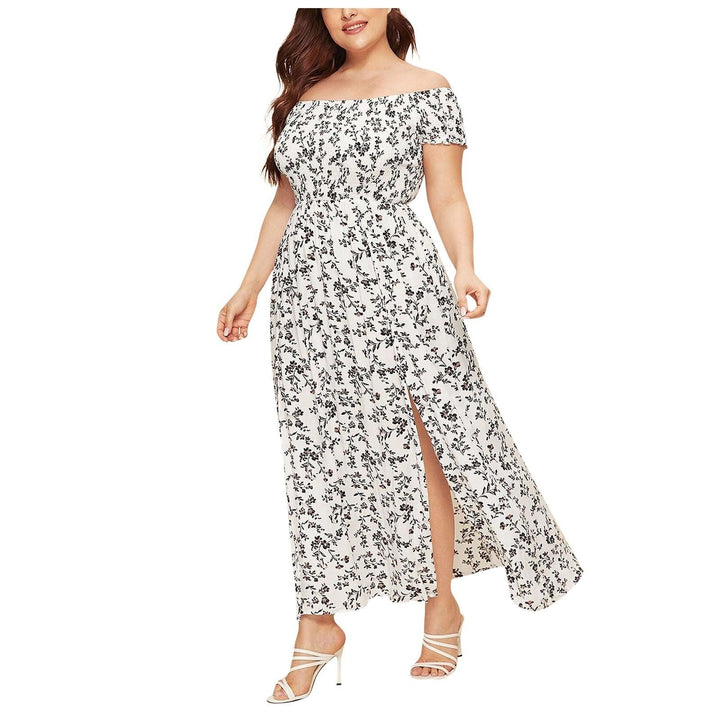 Sommerkjole Kvinder Slash Neck Blomsterprint Off Shoulder Dress Plus Size High Split Sexede Bohemian Beach Kjoler