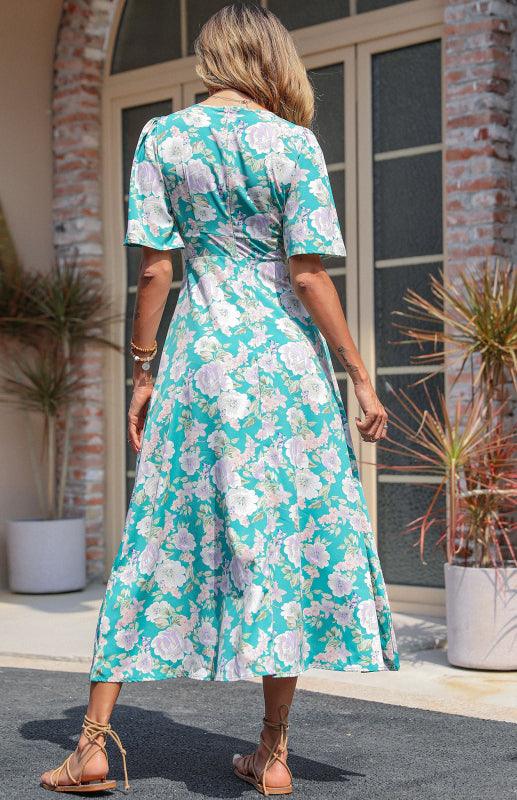 Robe verte décontractée à grandes fleurs en V profond pour femmes