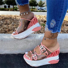 Summer Women Transparent Sandals Ladies Platform Wedges Sandals Casual Double Buckle Straps Outside Shoes