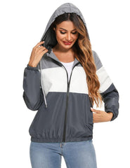 Ladies Casual Fashion Colorblock Raincoat Hooded Jacket