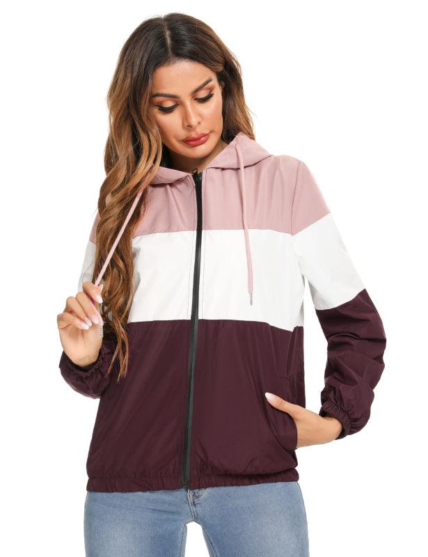 Ladies Casual Fashion Colorblock Raincoat Hooded Jacket