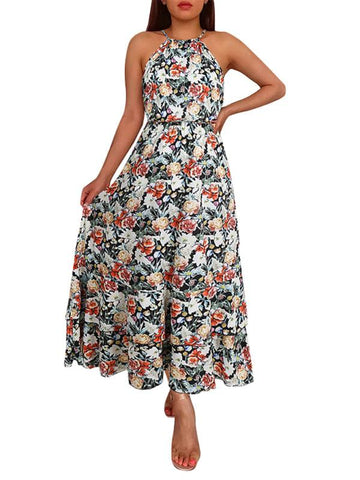 Women's long skirt neck print sleeveless dress