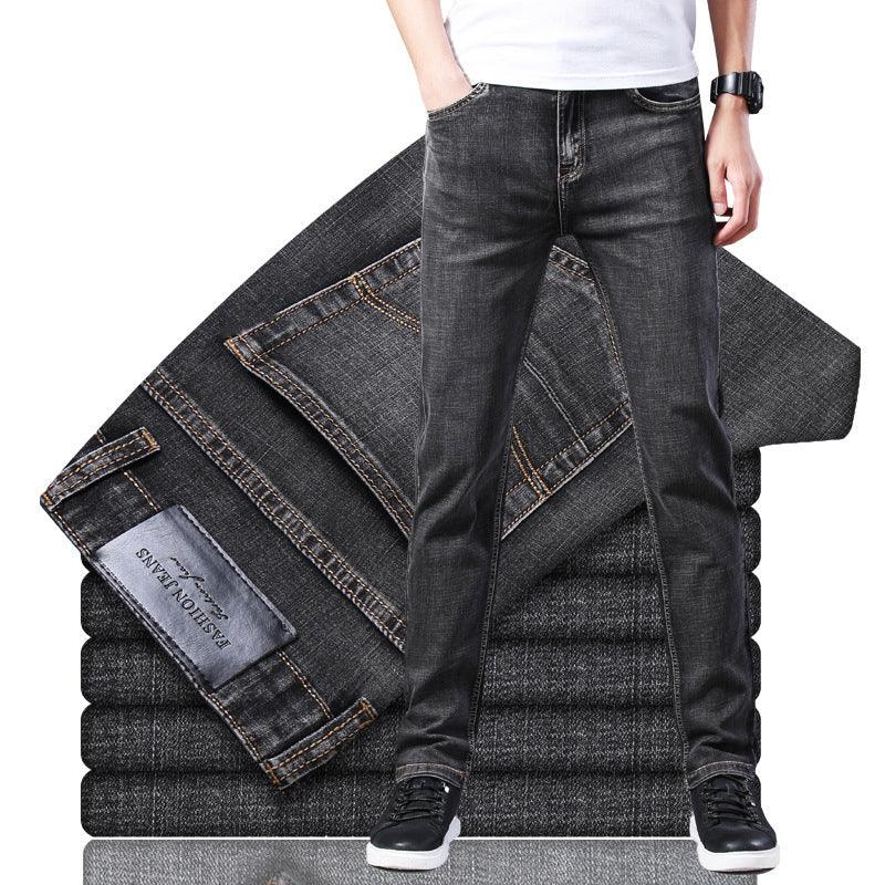 Pure Black High Stretch Jeans Men's Straight Multi-Pocket Anti-Theft Zipper