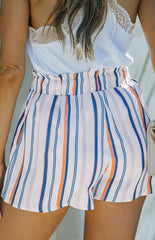 Women's Striped Print Ruffled Belted High Waist Shorts