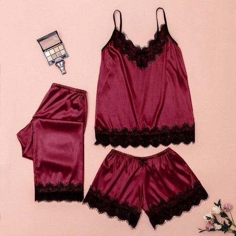 3PC Women Lace Satin Sleepwear Lingerie