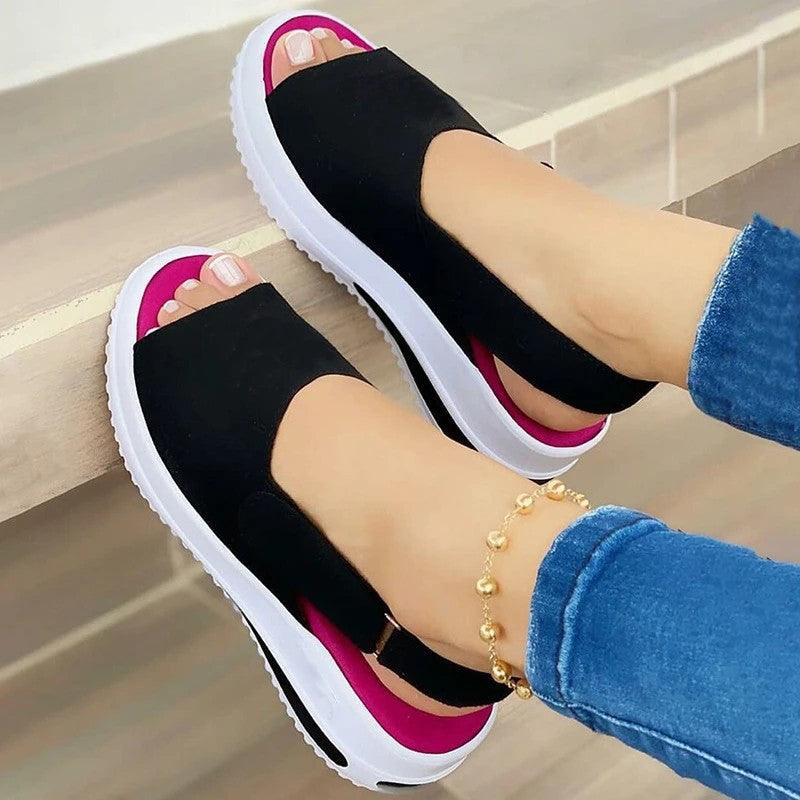 Casual Women Beach Sandals Peep Toe Wedge Shoes Woman Buckle Flats Platform Flock Female Ladies Shoes