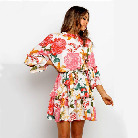 Flower Print Dress  3/4 Sleeve Casual Sundress