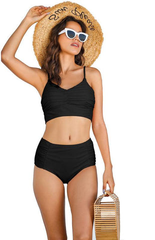 Sexy Stretch Gathered Without Underwire Adjustment Shoulder Strap Top & High Waist Bikini Set