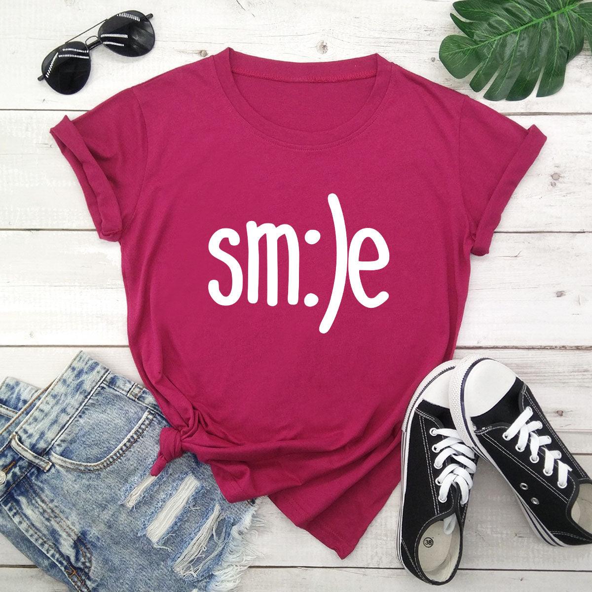 S-5XL Plus Size TShirt Women New Smile Letter Printed Shirt O Neck Short Sleeve Tees Summer Top 100%cotton Women's T-shirts