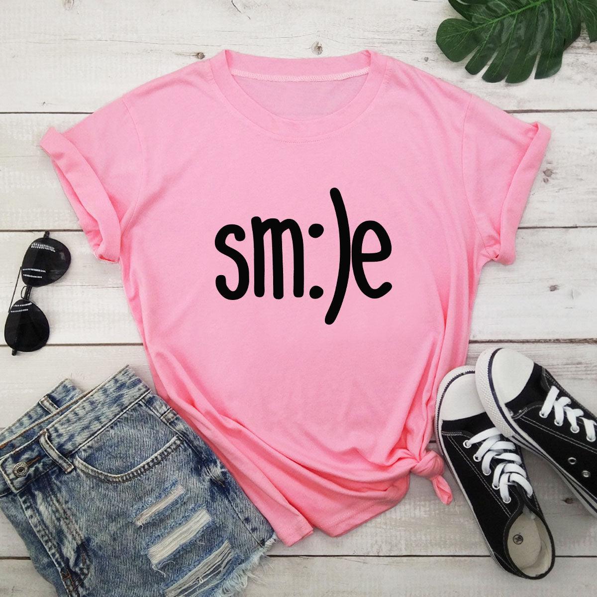 S-5XL Plus Size TShirt Women New Smile Letter Printed Shirt O Neck Short Sleeve Tees Summer Top 100%cotton Women's T-shirts