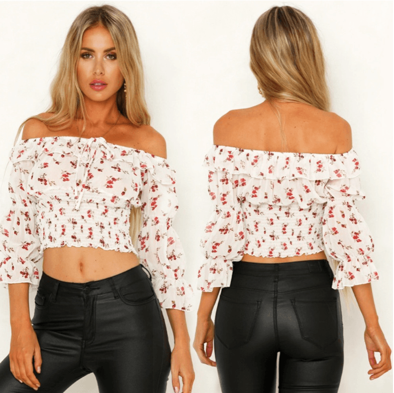 One-neck pleated short-sleeved printed tube top Spring and summer women's clothing