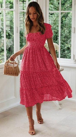 Vintage Print Puff Sleeve summer Beach sweet dresses Casual Square collar floral long dress