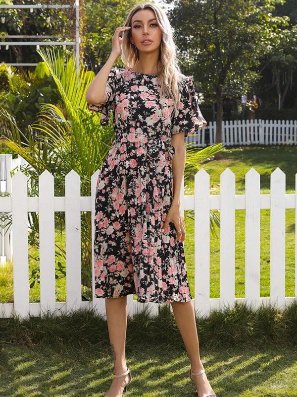 Floral Ruffle Sleeve Crew Neck Tie Pleated Dress