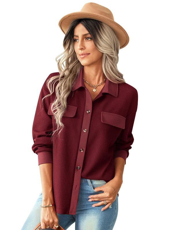 Women's fashion fake pocket knitted shirt top