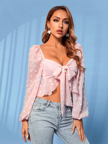 Women's French Bow Crop Top Ruffle Trim Shirt