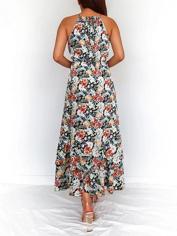 Women's long skirt neck print sleeveless dress