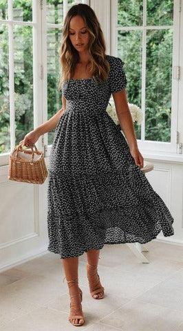 Vintage Print Puff Sleeve summer Beach sweet dresses Casual Square collar floral long dress