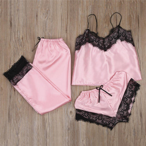 3PC Women Lace Satin Sleepwear Lingerie