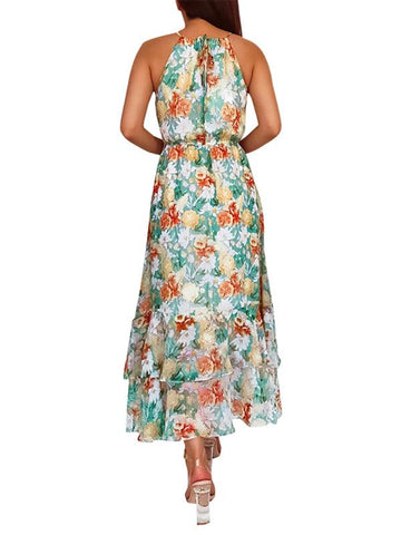 Women's long skirt neck print sleeveless dress