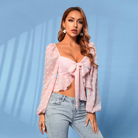 Women's French Bow Crop Top Ruffle Trim Shirt