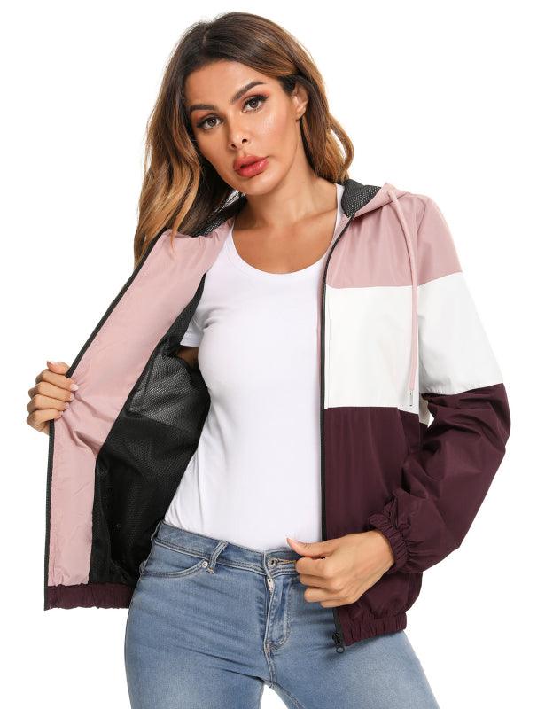 Ladies Casual Fashion Colorblock Raincoat Hooded Jacket